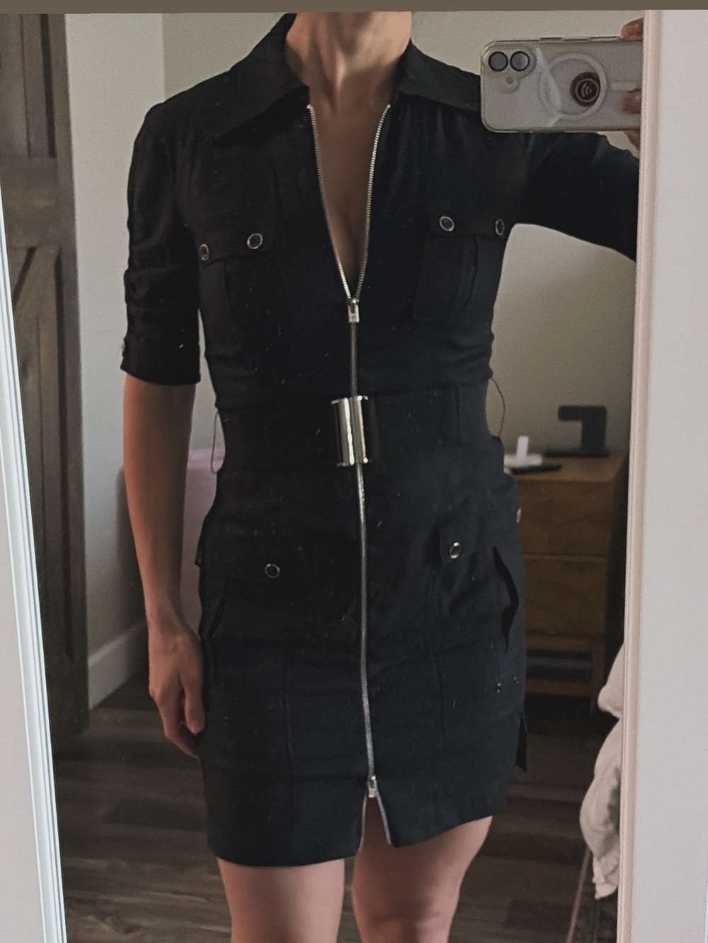 bebe Black Zip-Front Mini Shirt Dress with Belt